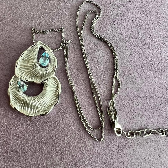 Vintage Sterling Silver Modernist Artisan Blue Topaz Pendant and Chain - Picture 2 of 4